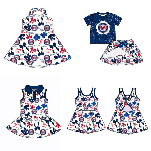 (Custom Design Preorder MOQ 5 Each Color) Team's Minnesota Twins Bows Print Girls Summer Clothes Sisters Matching Wear