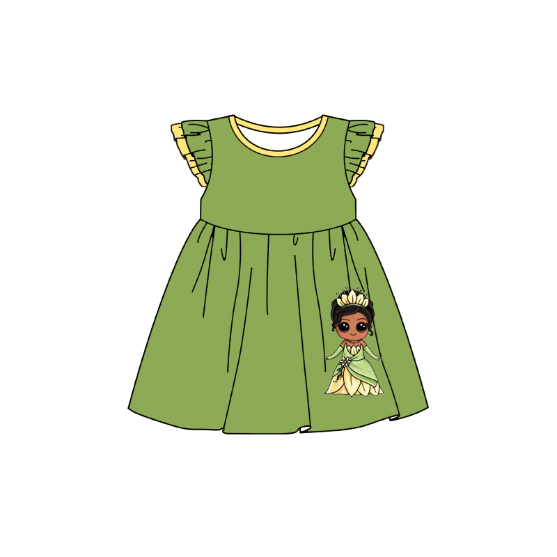 (Custom Design Preorder MOQ 5)  Cartoon Princess Green Print Girls Summer Dress