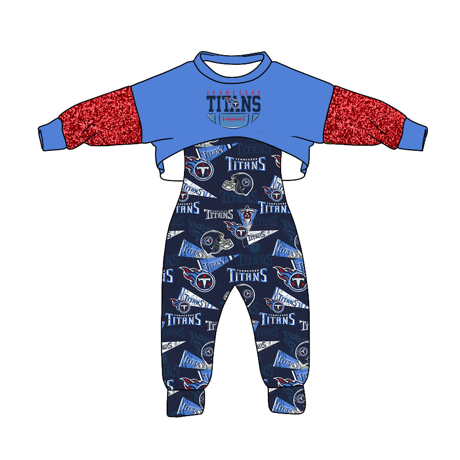 (Custom Design MOQ 5)Blue T Football Team's Girls Jumpsuit Clothes Set