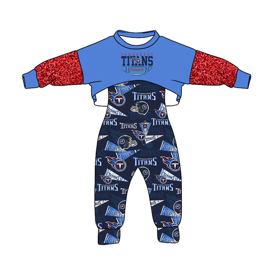 (Custom Design MOQ 5)Blue T Football Team's Girls Jumpsuit Clothes Set