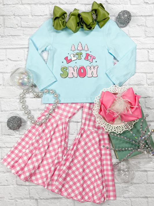 (Custom Design Preorder MOQ 5) LET IT SONW Top Pink Plaid Bell Pants Girls Christmas Clothes Set