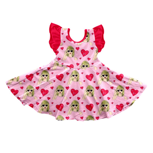 (Custom Design Preorder MOQ 5) Singer Design Heart Print Girls Valentine's Knee Length Dress