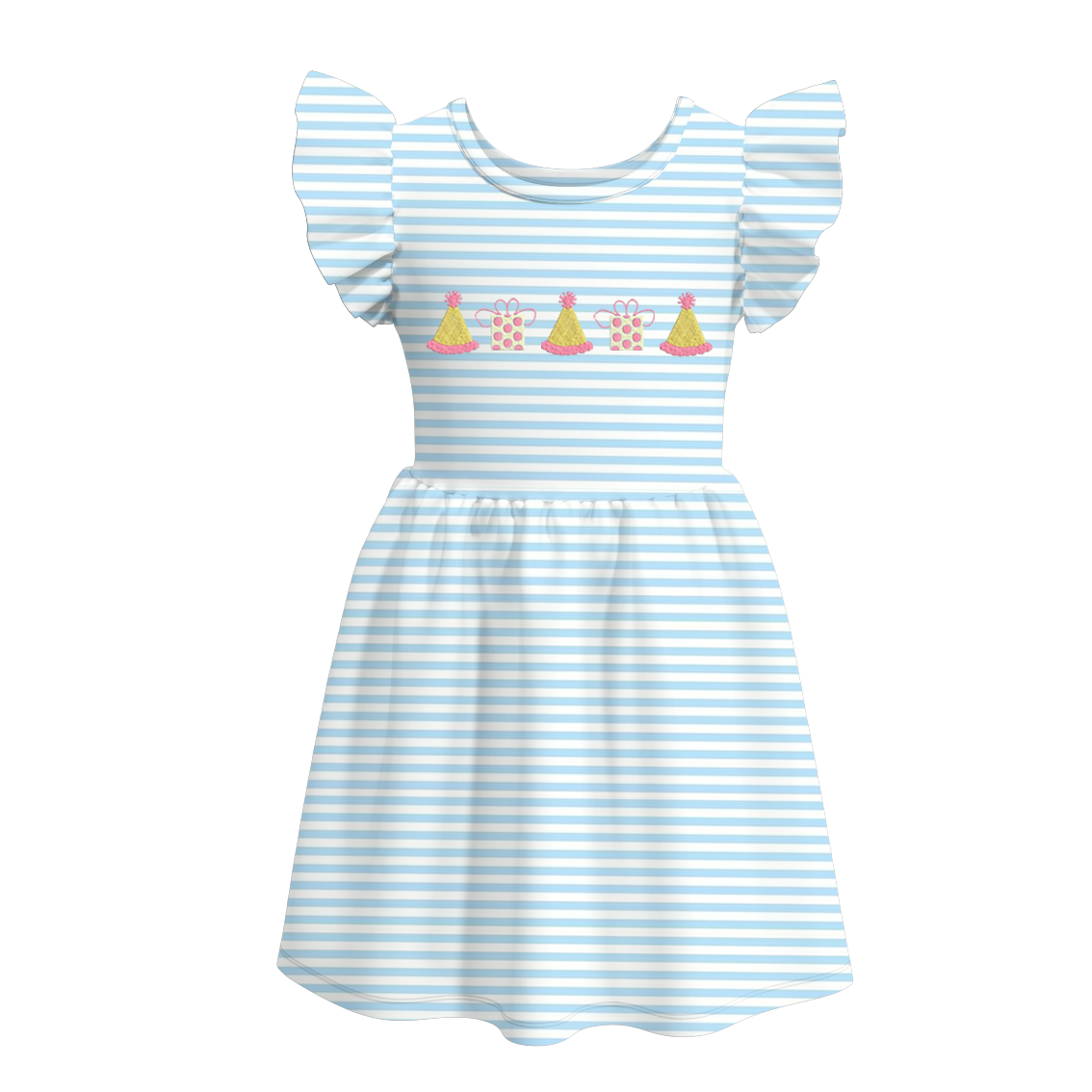 (Custom Design Preorder MOQ 5) Hat Gift Blue Stripes Print Girls Knee Length Summer Dress