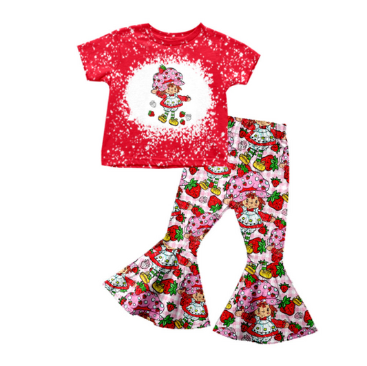 (Custom Design Preorder MOQ 5) Strawberry Girl Red Print Bell Pants Girls Clothes Set