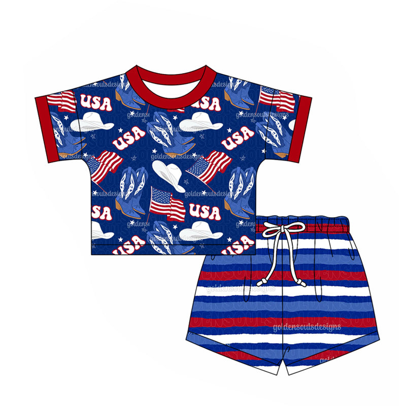 2.24(Custom Design Preorder MOQ 5) USA Hat Boots Flag Top Stripes Shorts Kids 4th of July Clothes Set