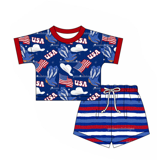 2.24(Custom Design Preorder MOQ 5) USA Hat Boots Flag Top Stripes Shorts Kids 4th of July Clothes Set