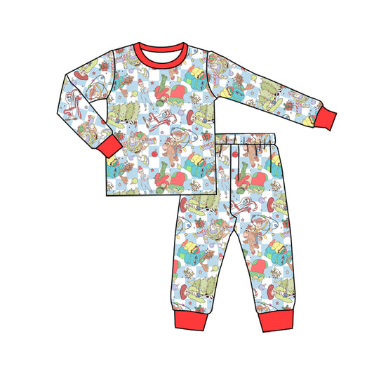 (Custom Design Preorder MOQ 5)  Cartoon Toys Print Kids Christmas Bamboo Pajamas Clothes Set