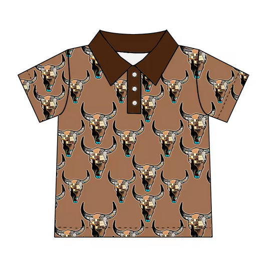 (Custom Design Preorder MOQ 5)  Brown Cows Print Boys Summer Western Polo Tee Shirts Top