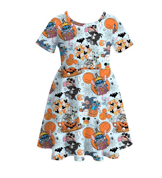 (Custom Design Preorder MOQ 5) Cartoon Figure Pumpkin Print Girls Knee Length Halloween Dress