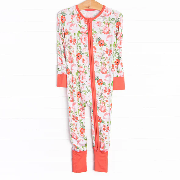 (Custom Design Preorder MOQ 5) Pink Orange Flowers Print Baby Girls Fall Sleeper Zipper Romper