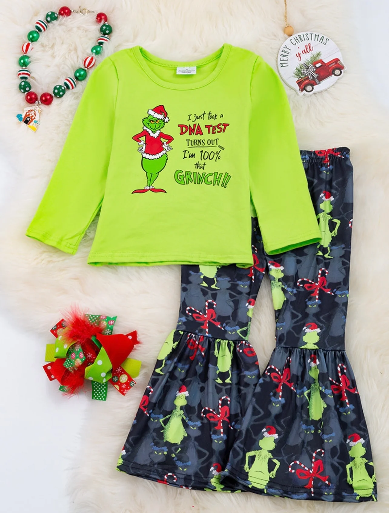 (Custom Design MOQ 5)  Christmas Frog Green Top Black Bell Pants Girls Clothes Set