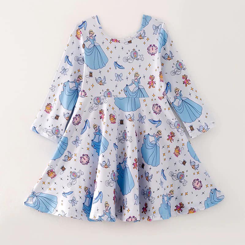 (Custom Design Preorder MOQ 5) Cartoon Princess Blue Print Girls Knee Length Dress