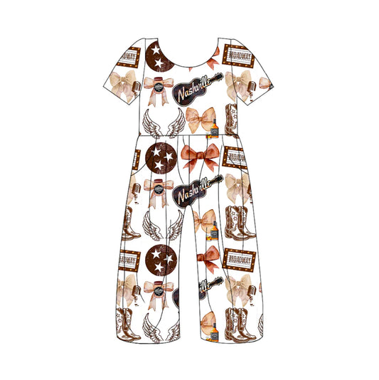 (Custom Design Preorder MOQ 5) Team's Cheer Bows Boots Print Girls Summer Western Jumpsuits