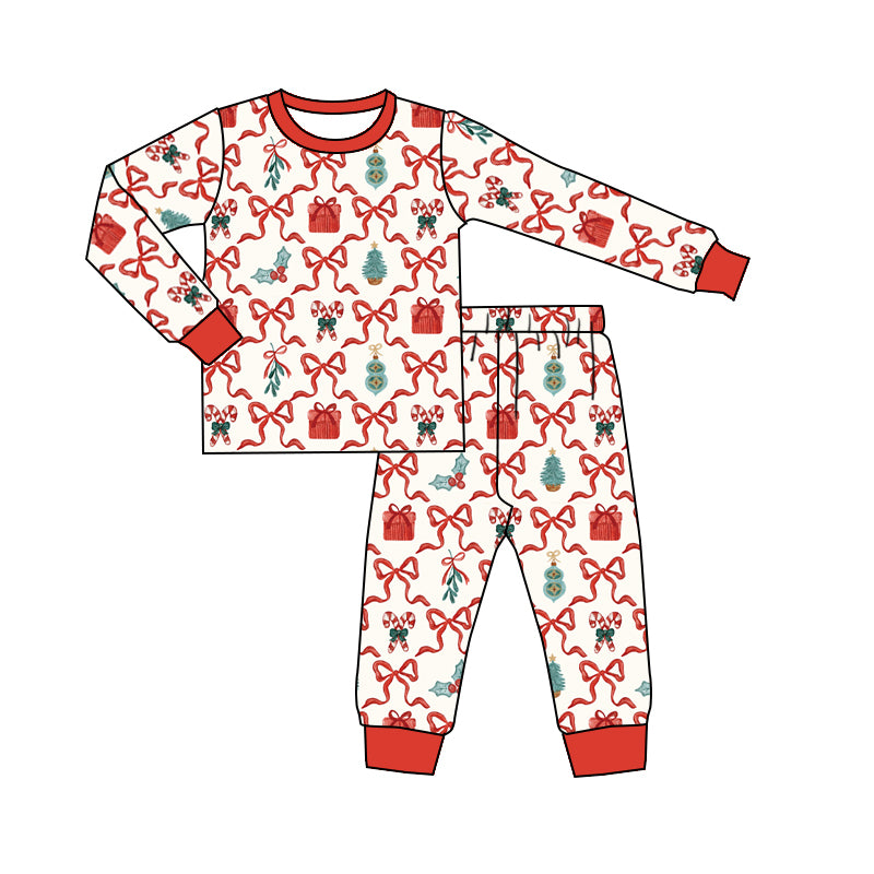 (Custom Design MOQ 5) Adult Candy Cane Bows Holly Print Woman Christmas Bamboo Pajamas Clothes Set