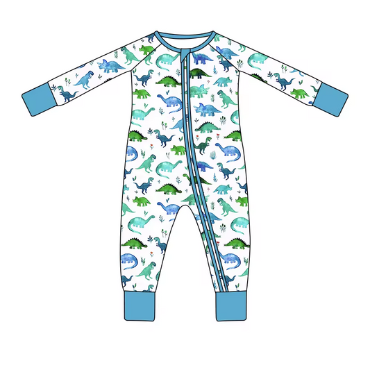 (Custom Design Preorder MOQ 5) Blue Dino Print Baby Boys Fall Sleeper Zipper Romper