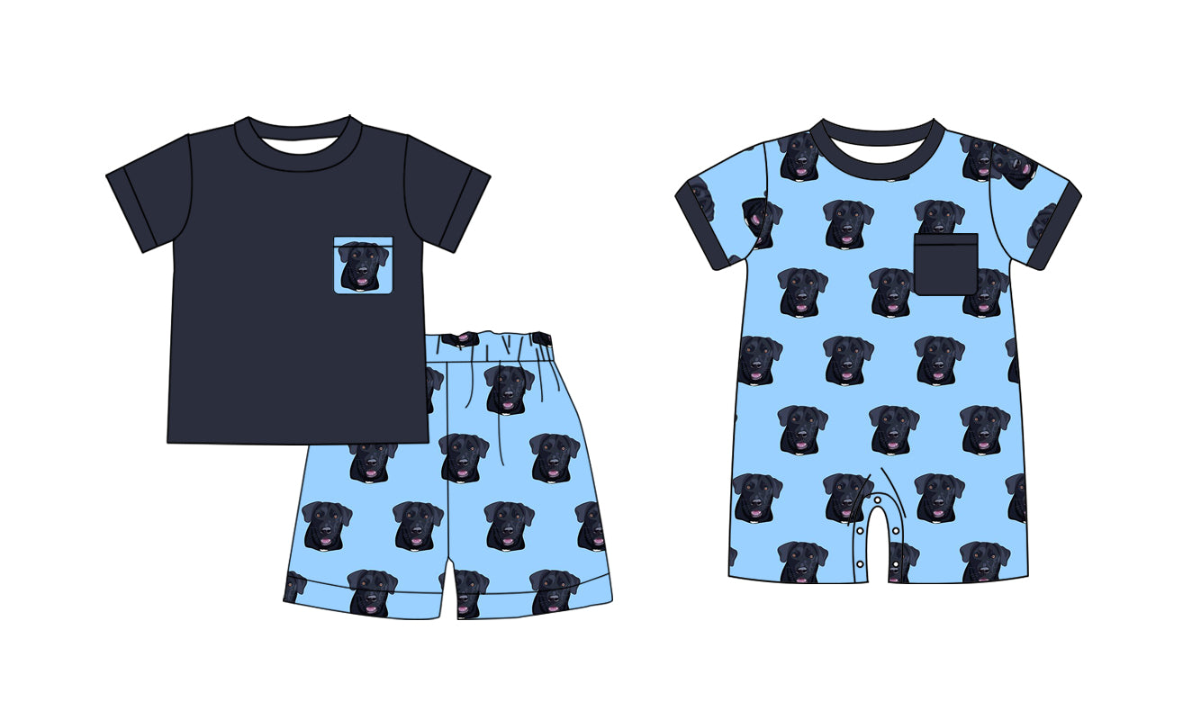 11.9(Custom Design Preorder MOQ 5 Each Design) Dog Blue Print Boys Summer Hunt Matching Clothes Brothers Wear