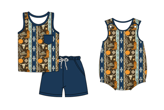 2.24(Custom Design Preorder MOQ 5 Each Design) Cow Skull Aztec Navy Print Boys Summer Matching Clothes Brothers Wear