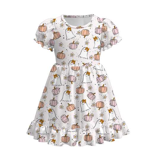 (Custom Design Preorder MOQ 5) Ghost Pumpkin Flowers Print Girls Knee Length Halloween Dress