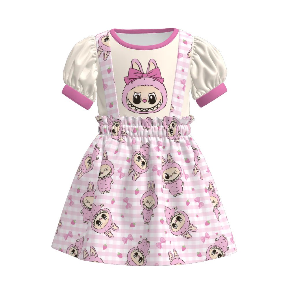 (Custom Design Preorder MOQ 5) Cartoon LABU* Strawberry Top Suspender Skirts Girls Summer Clothes Set