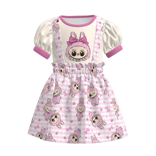 (Custom Design Preorder MOQ 5) Cartoon LABU* Strawberry Top Suspender Skirts Girls Summer Clothes Set