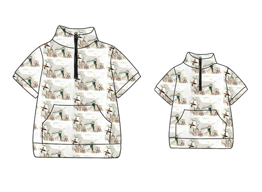 11.27(Custom Design Preorder MOQ 5 Each Design) Dog Duck Hunting White Print Pullover Zipper Top Mom and Me Summer Matching Clothes