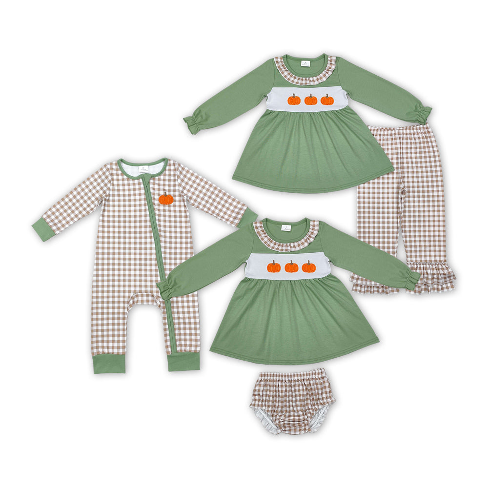 Pumpkin Embroidery Plaid Print Sisters Fall Matching Clothes