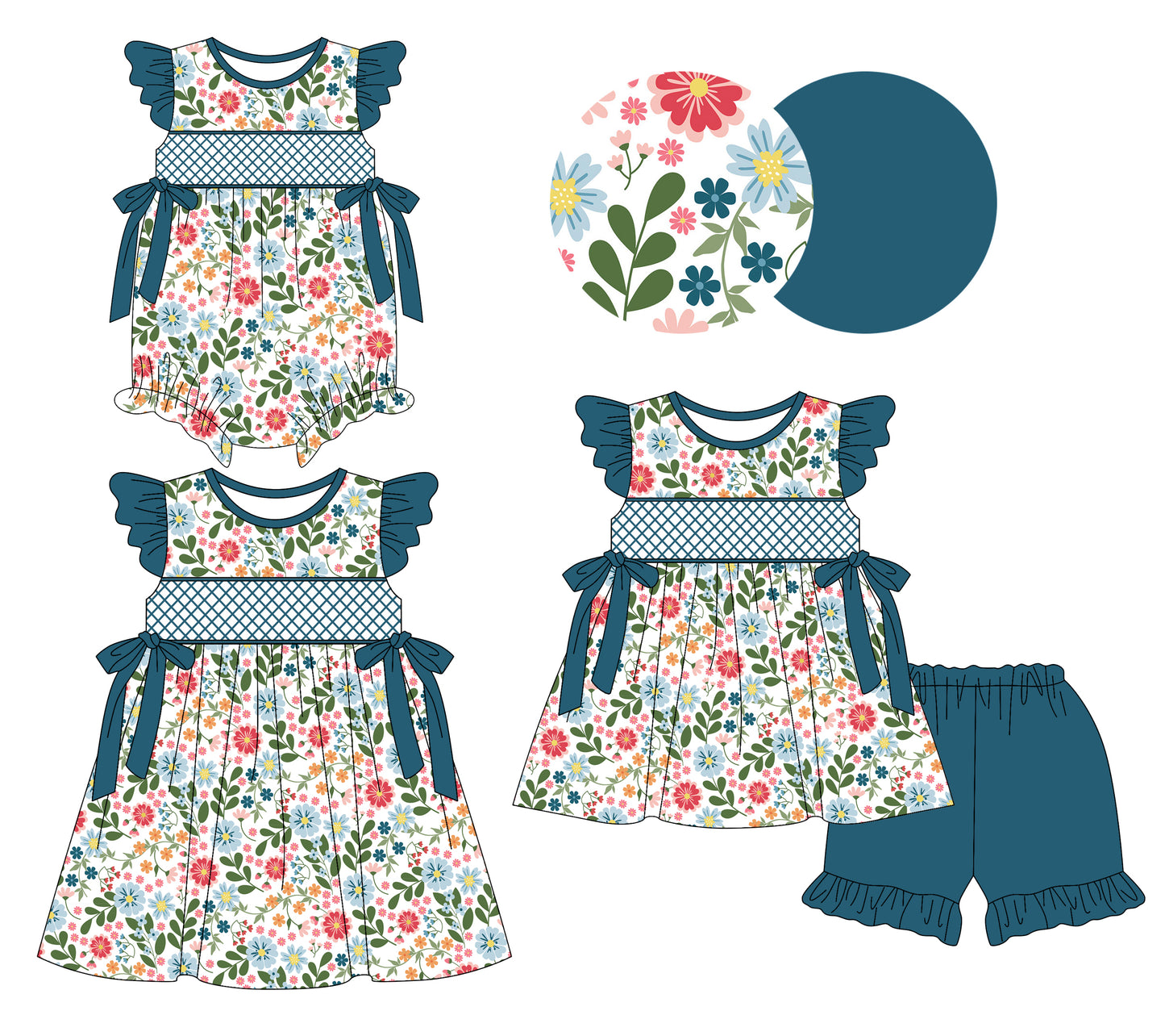 3.8(Custom Design Preorder MOQ 5 Each Design) Colorful Flowers Blue Print Girls Summer Matching Clothes Sisters Wear