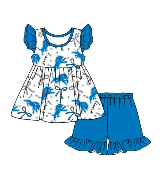 (Custom Design Preorder MOQ 5) Team's Lions Bows Top Blue Shorts Girls Summer Clothes Set