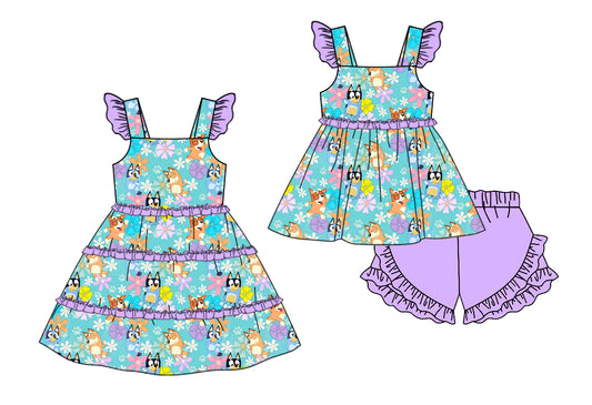 12.14(Custom Design Preorder MOQ 5 Each Design) Cartoon Dog Flowers Print Girls Summer Matching Clothes Sisters Wear