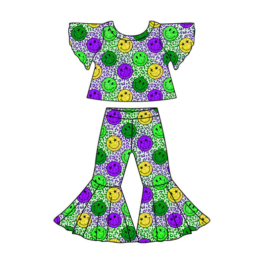 12.4(Custom Design Preorder MOQ 5) Smiling Face Leopard Print Bell Pants Girls Mardi Gras Clothes Set