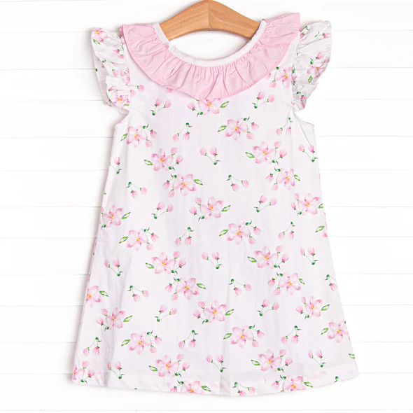 (Custom Design Preorder MOQ 5)Pink Flowers Print Girls Knee Length Summer Dress