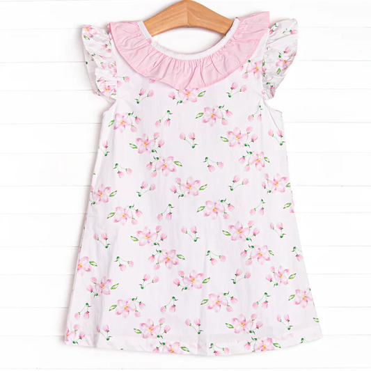 (Custom Design Preorder MOQ 5)Pink Flowers Print Girls Knee Length Summer Dress
