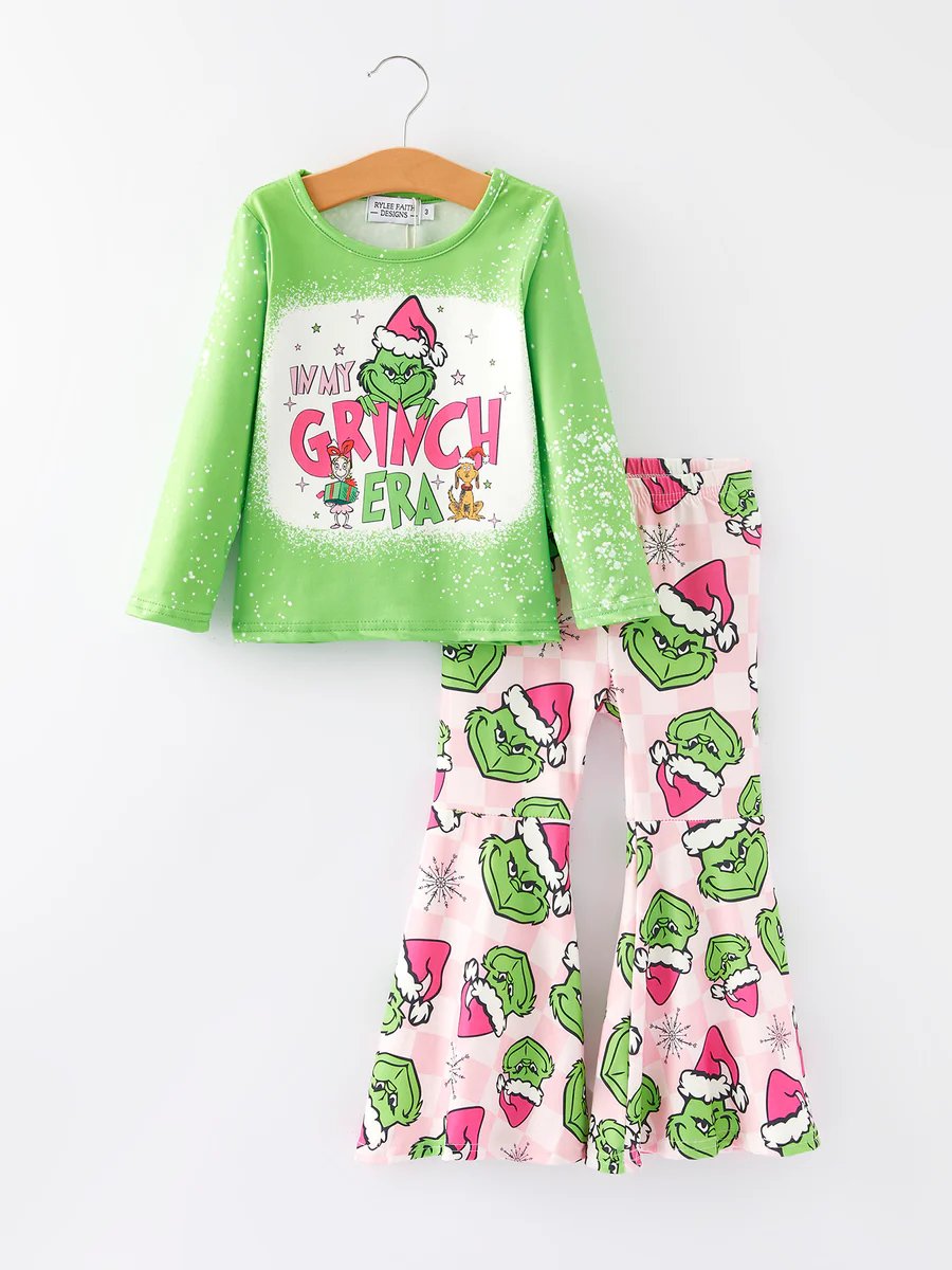 (Custom Design Preorder MOQ 5) Green Frog Top Pink Plaid Pants Girls Christmas Clothes Set