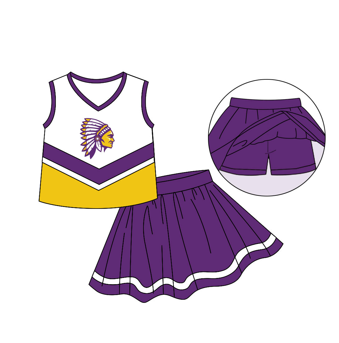 (Custom Design Preorder MOQ 5)  Team's Purple Print Skirts With Shorts Girls Summer Clothes Set