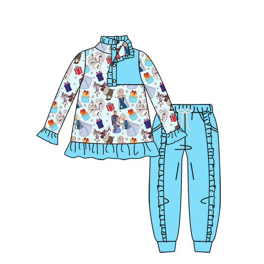 11.18(Custom Design Preorder MOQ 5) Cartoon Princess Pullover Top Blue Pants Girls Fall Clothes Set