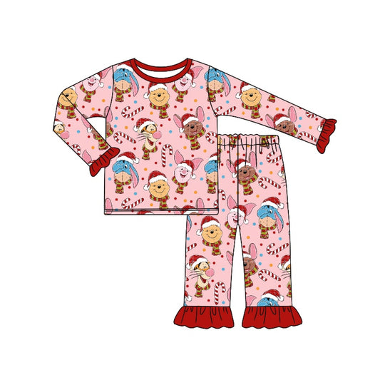 (Custom Design Preorder MOQ 5) Cartoon Bear Friends Print Girls Christmas Bamboo Pajamas Clothes Set