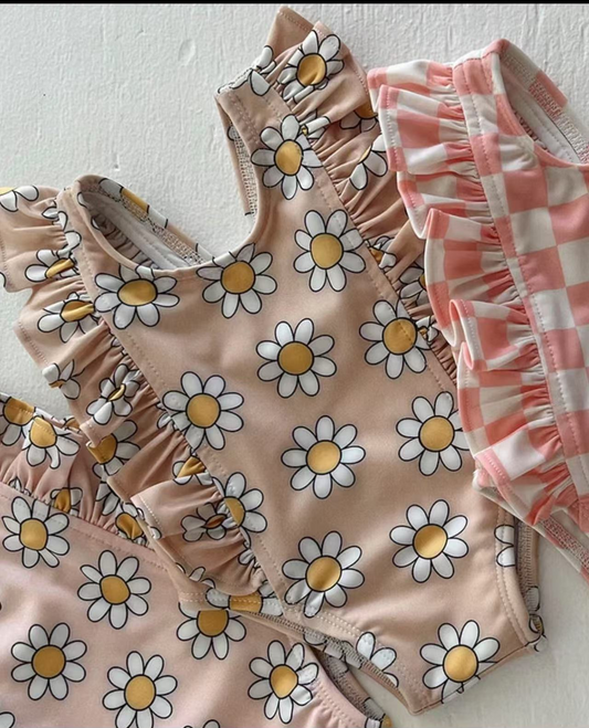 (Custom Design Preorder MOQ 5)  Khaki Flowers Print Ruffle Girls 1 Piece Swimsuits