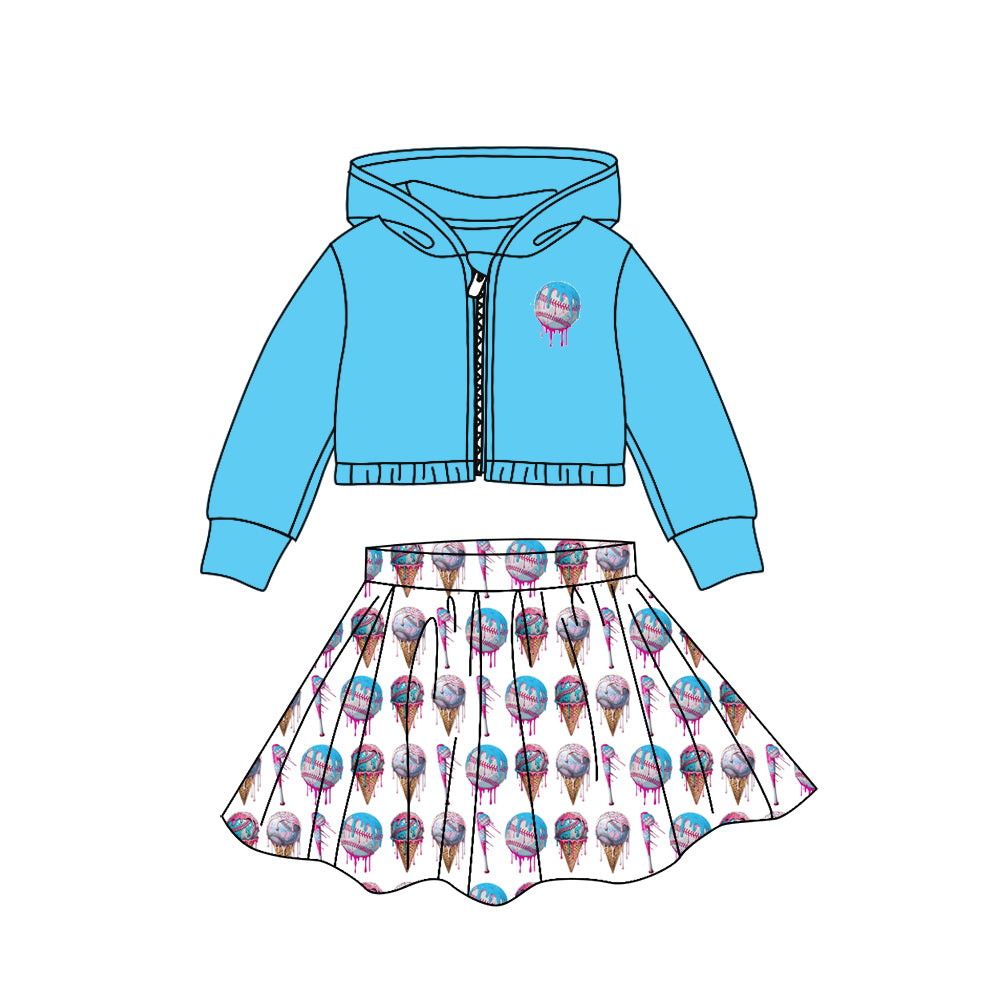 (Custom Design Preorder MOQ 5 Each Color) Hoodie Zipper Jacket Top Baseball Shorts Skirts Girls Clothes Set
