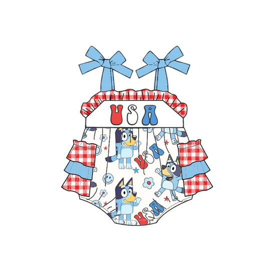 (Custom Design Preorder MOQ 5) Cartoon Dog Flag USA Print Baby Girls 4th of July Strap Romper