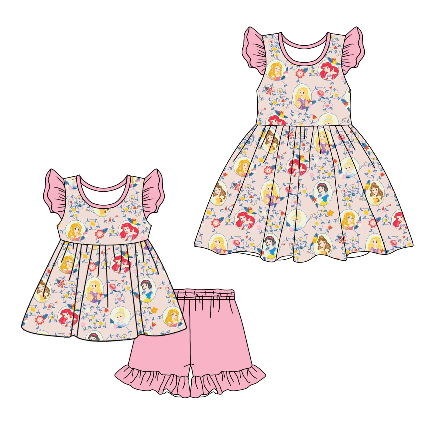 12.11(Custom Design Preorder MOQ 5 Each Design) Cartoon Princess Flowers Print Girls Summer Matching Clothes Sisters Wear