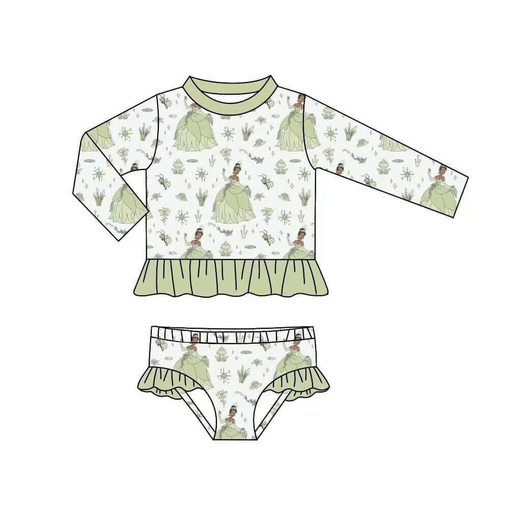 NO.40 (Custom Design Preorder MOQ 5) Cartoon Princess Frog Print Girls 2 Pieces Long Sleeve Swimsuits