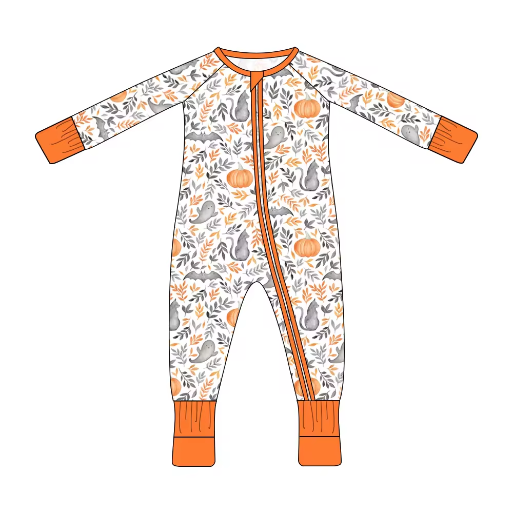 (Custom Design Preorder MOQ 5)  Ghost Pumpkin Print Baby Girls Halloween Sleeper Zipper Romper