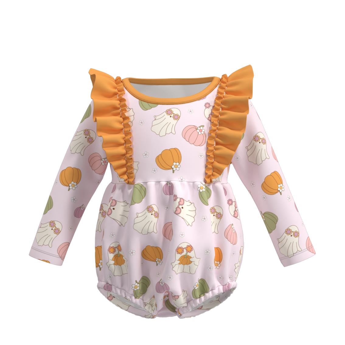 (Custom Design Preorder MOQ 5) Ghost Pumpkin Print Baby Girls Halloween Romper