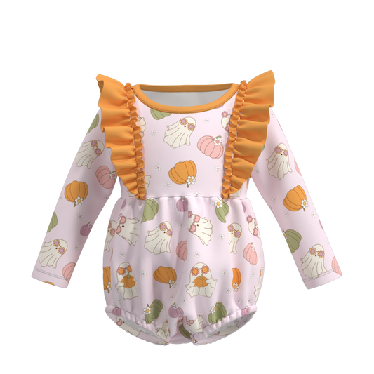 (Custom Design Preorder MOQ 5) Ghost Pumpkin Print Baby Girls Halloween Romper