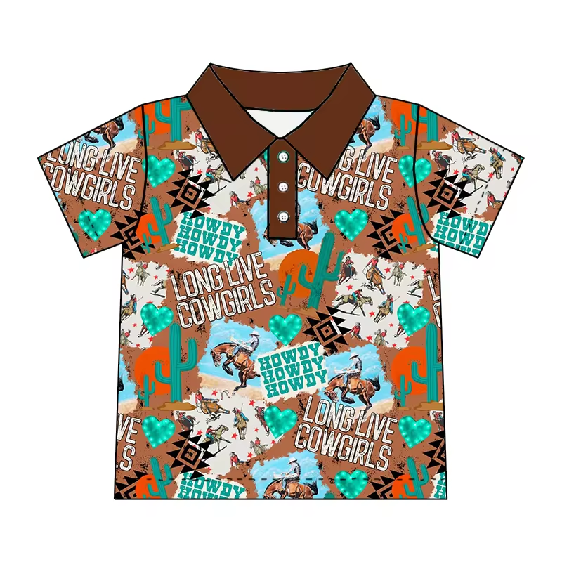 (Custom Design Preorder MOQ 5)  Howdy Rodeo Print Boys Summer Western Polo Tee Shirts Top