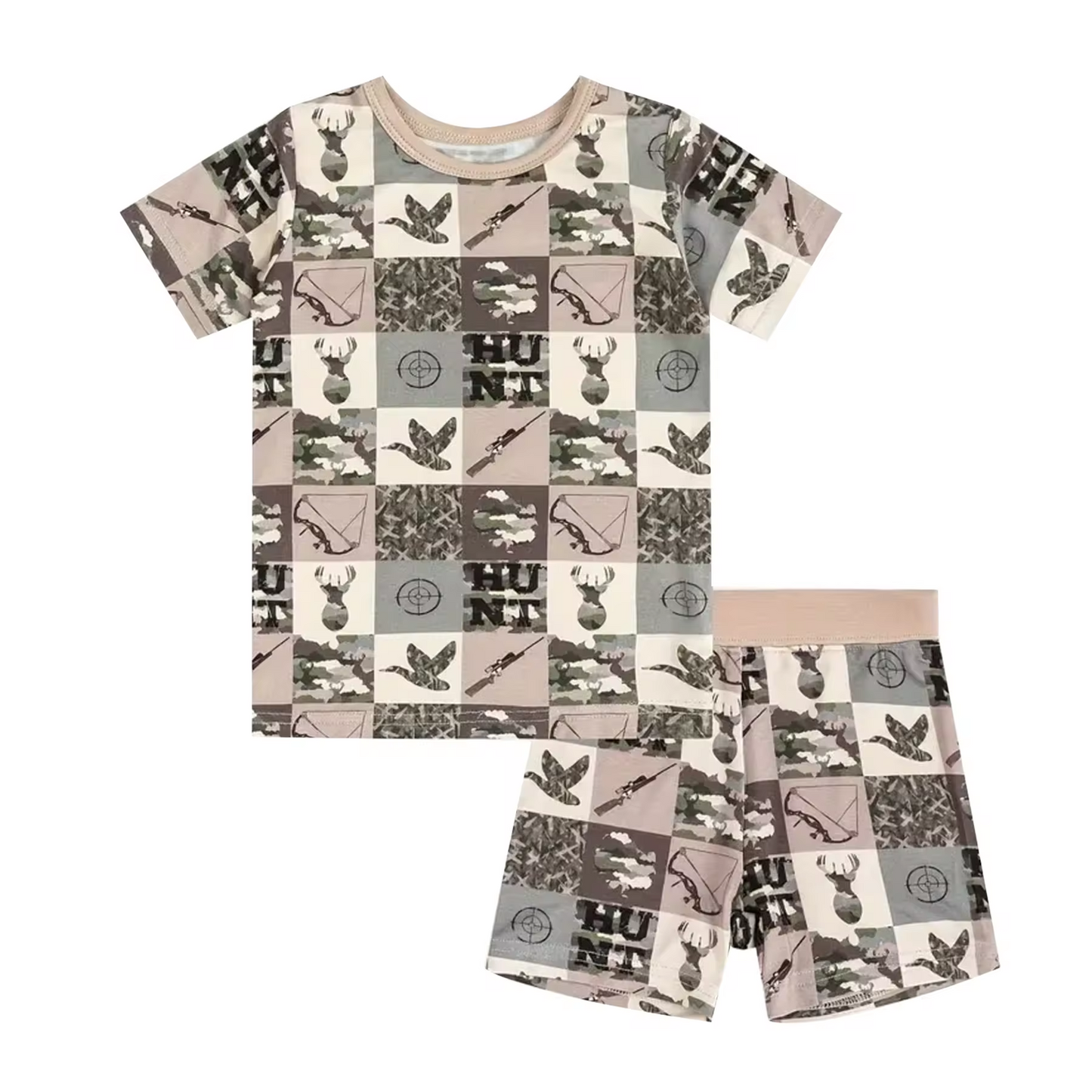 (Custom Design Preorder MOQ 5) Duck Deer Camo Hunting Print Boys Summer Pajamas Clothes Set