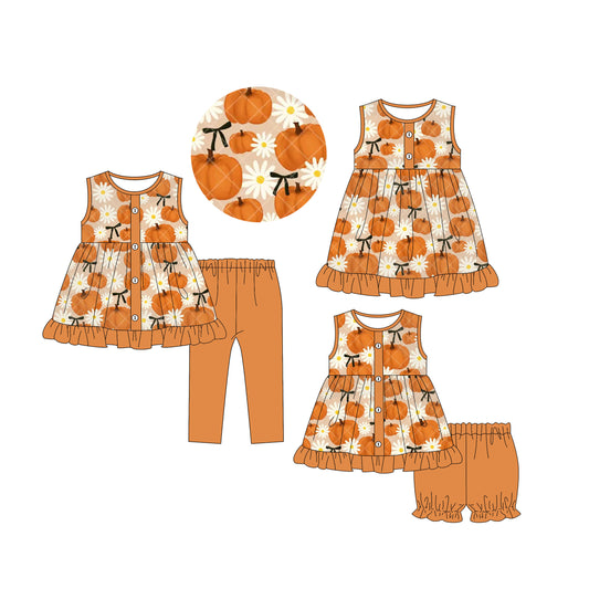 5.5(Custom Design Preorder MOQ 5 Each Design) Punpkin Flowers Print Girls Matching Clothes Sisters Wear