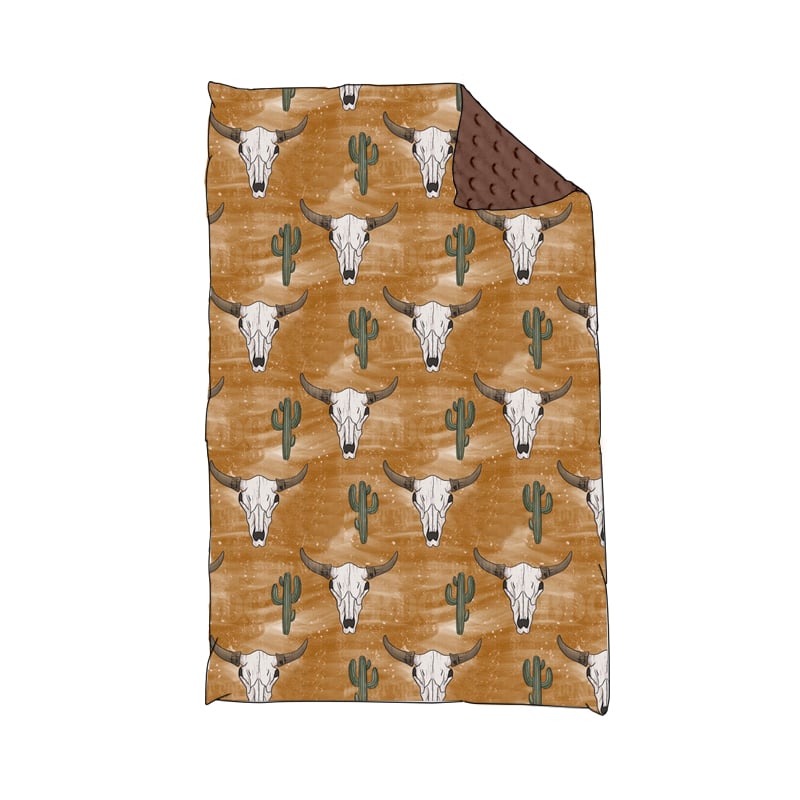 (Custom Design Preorder MOQ 5)  Cow Skull Cactus Print Baby Boys Western Minky Blanket