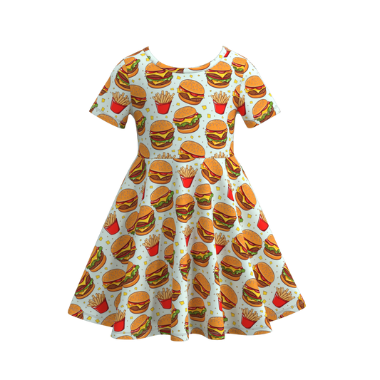 (Custom Design Preorder MOQ 5) Chips Hamburger Print Girls Knee Length Summer Dress