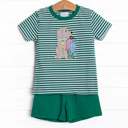 (Custom Design Preorder MOQ 5) Dog Fish Stripes Top Green Shorts Girls Summer Clothes Set